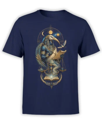Ibis-headed Egyptian scribe with celestial symbols, scroll, moon, sun, and book on a navy T-shirt