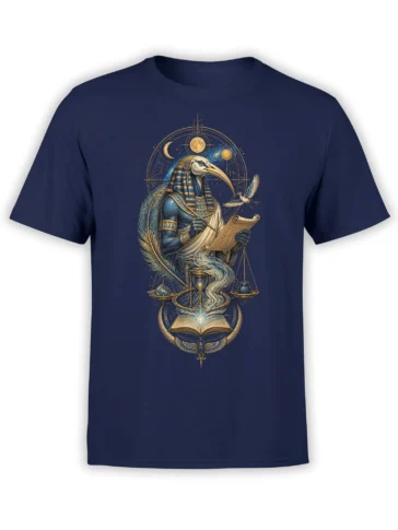 Ibis-headed Egyptian scribe with celestial symbols, scroll, moon, sun, and book on a navy T-shirt