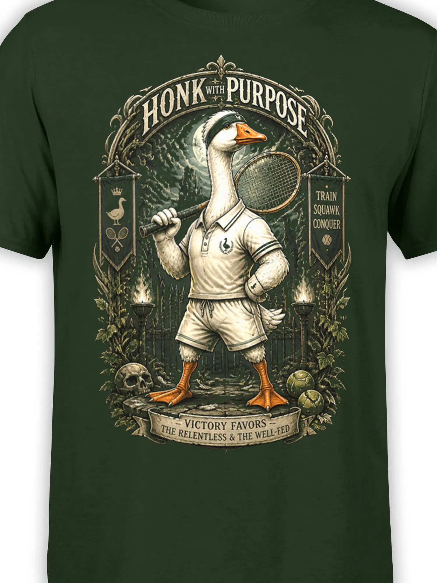 Close-up of goose tennis artwork, racket, tennis balls, and vintage motto on a green graphic tee