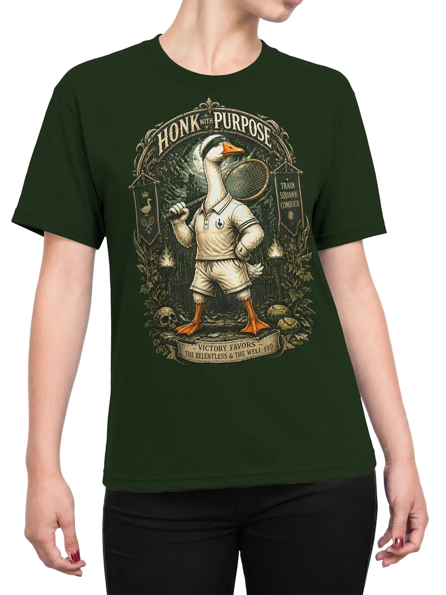 Female torso wearing a green goose tennis shirt with a vintage racket illustration and sports motto