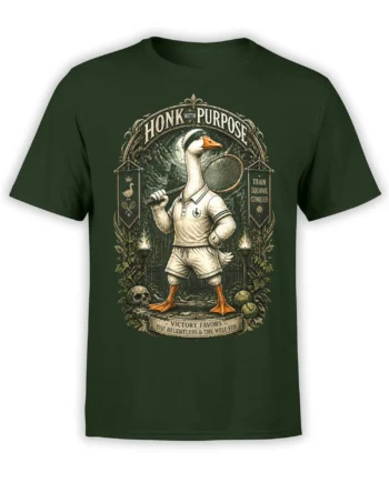 Vintage goose tennis player holding a racket on a green shirt with bold motivational sports text