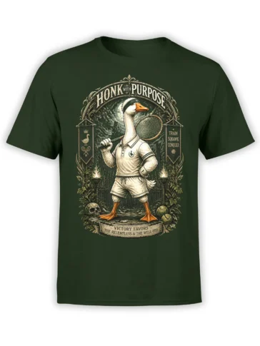 Vintage goose tennis player holding a racket on a green shirt with bold motivational sports text