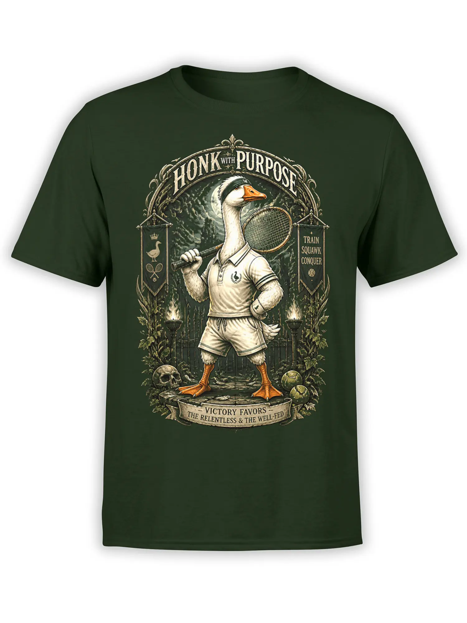 Vintage goose tennis player holding a racket on a green shirt with bold motivational sports text