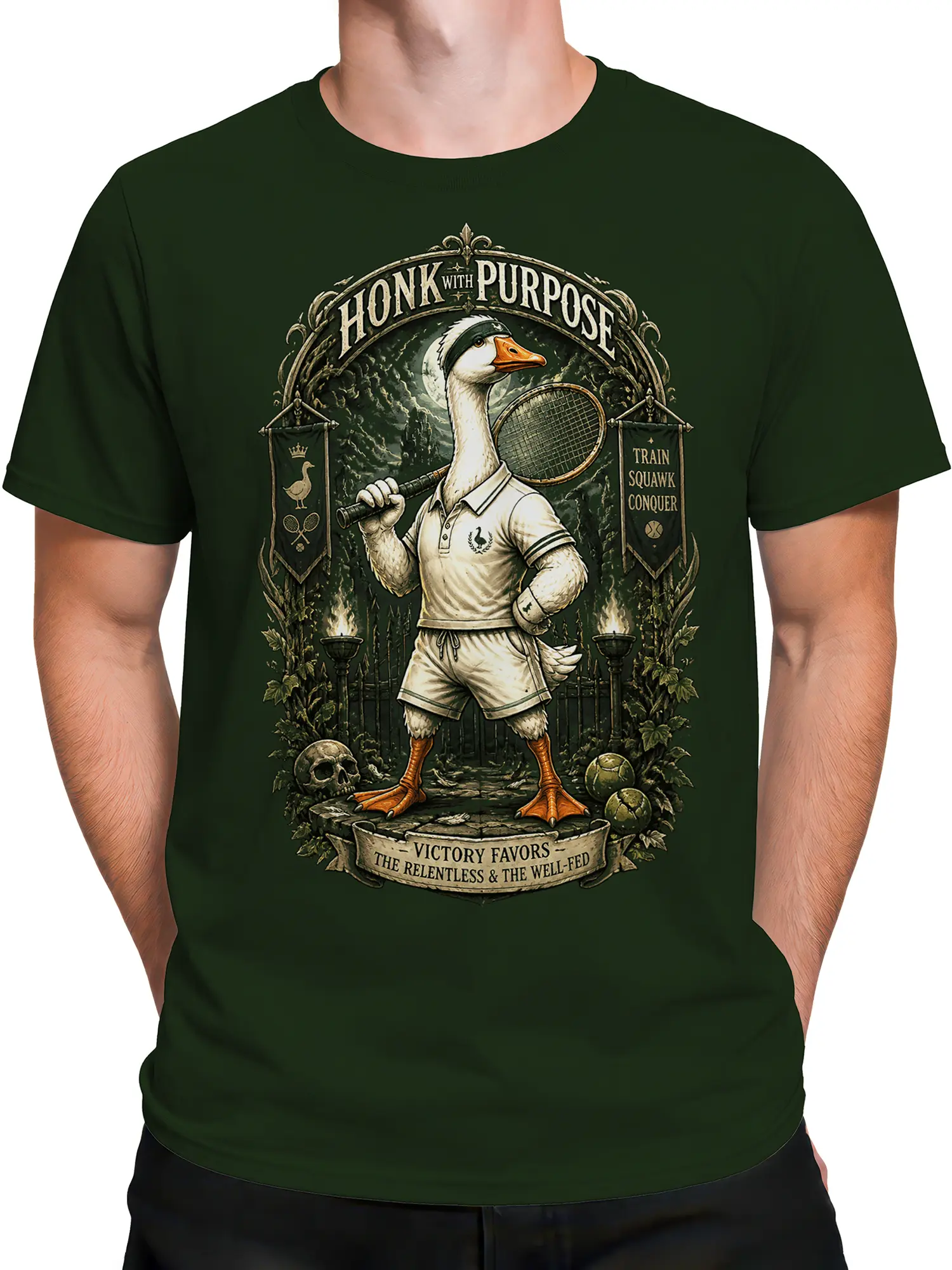 Male torso wearing a green vintage goose tennis shirt with racket and motivational sports lettering