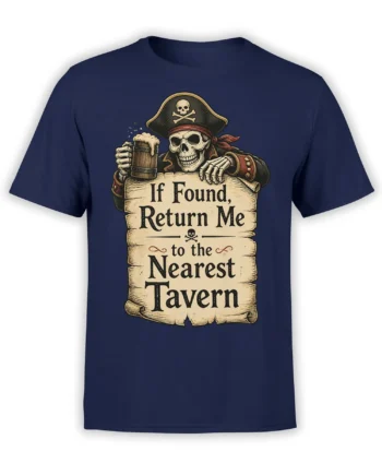 Vintage pirate skeleton holding a foaming tankard and parchment tavern sign on a navy T-shirt