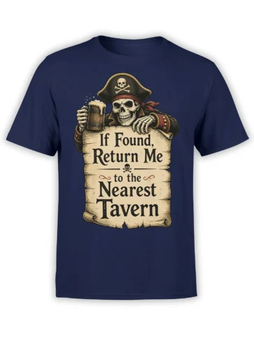 Vintage pirate skeleton holding a foaming tankard and parchment tavern sign on a navy T-shirt