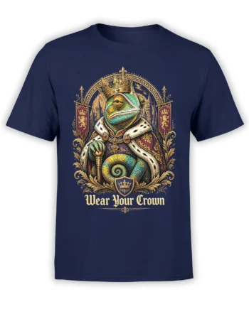 Crowned chameleon in medieval royal robes with a scepter and “Wear Your Crown” text on a navy T-shirt