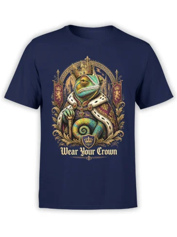 Crowned chameleon in medieval royal robes with a scepter and “Wear Your Crown” text on a navy T-shirt