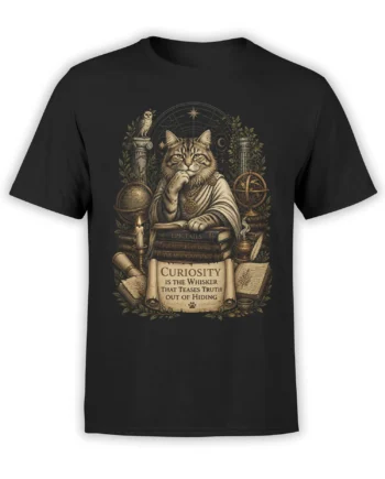 Vintage philosopher cat graphic on a black shirt with books, stars, an owl, and the phrase Curiosity is the whisker