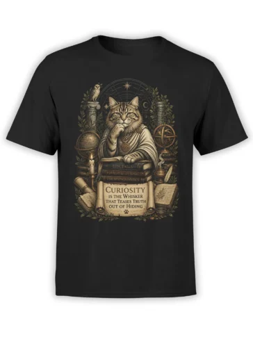Vintage philosopher cat graphic on a black shirt with books, stars, an owl, and the phrase Curiosity is the whisker