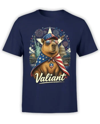 Valiant capybara graphic on a navy shirt with a flag cape, fireworks, landmarks, and patriotic lettering