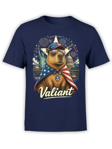 Valiant capybara graphic on a navy shirt with a flag cape, fireworks, landmarks, and patriotic lettering