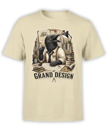 Black raven architect graphic with blueprints, city buildings, and Grand Design lettering on a beige T-shirt