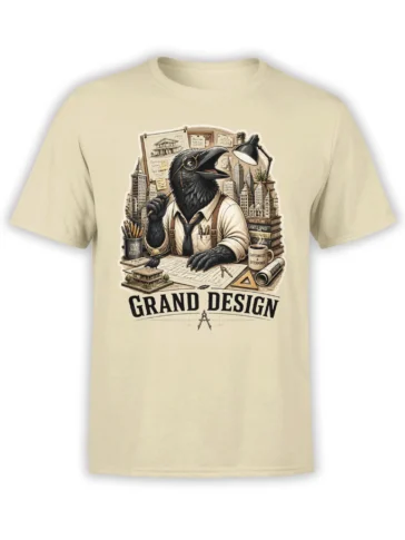 Black raven architect graphic with blueprints, city buildings, and Grand Design lettering on a beige T-shirt