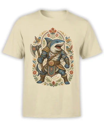 Armored blue shark warrior holding an axe on a beige shirt with flowers and birds around the design