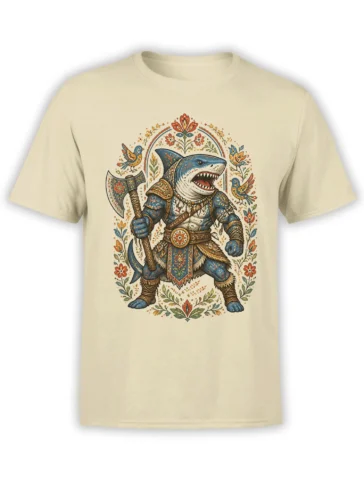 Armored blue shark warrior holding an axe on a beige shirt with flowers and birds around the design