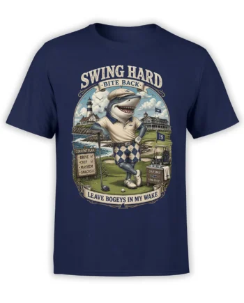 Vintage shark golfer graphic on a navy golf t-shirt with coastal course artwork and humorous lettering