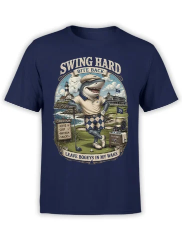 Vintage shark golfer graphic on a navy golf t-shirt with coastal course artwork and humorous lettering