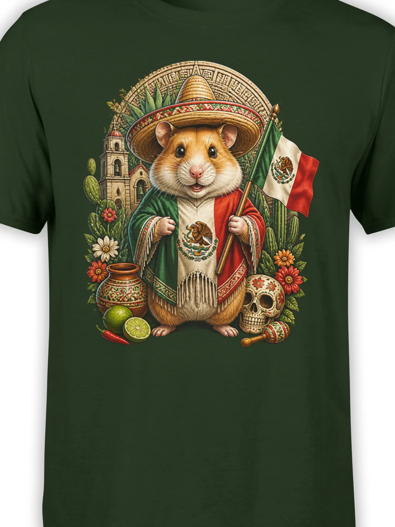 Close-up of the sombrero-wearing hamster and Mexican flag artwork printed on a green graphic T-shirt