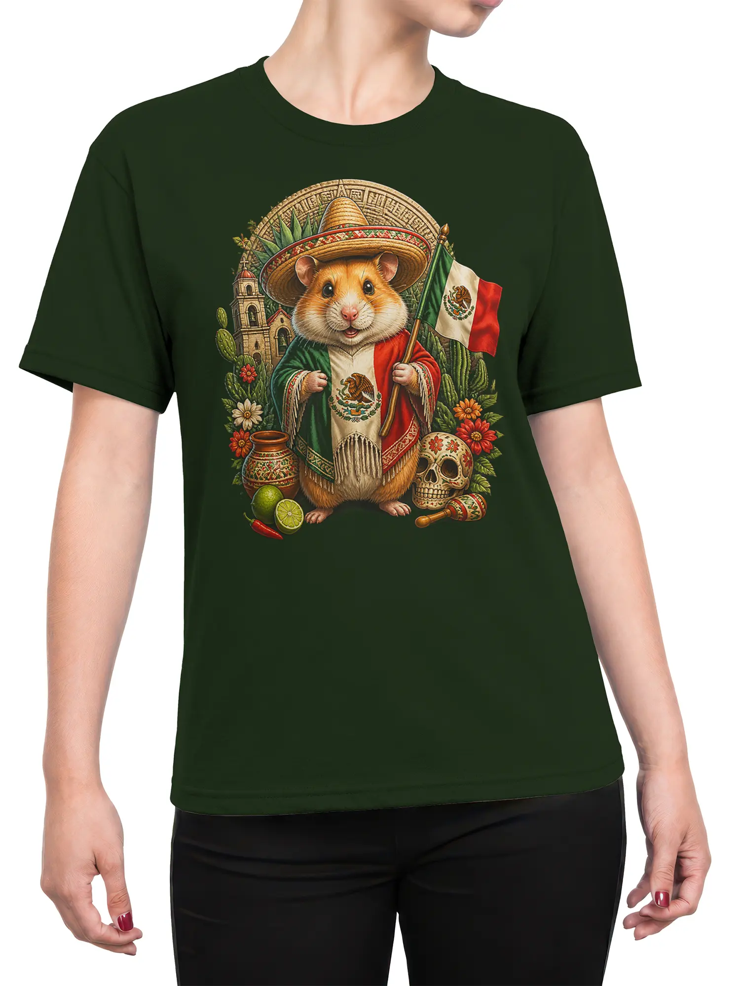 Female torso wearing a green T-shirt with a colorful sombrero hamster and Mexican fiesta artwork
