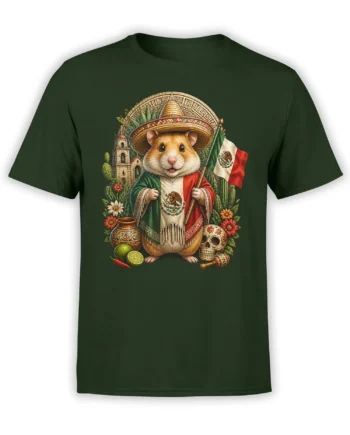 Green T-shirt with a cheerful hamster in a sombrero, Mexican flag, cactus, flowers, and sugar skull artwork