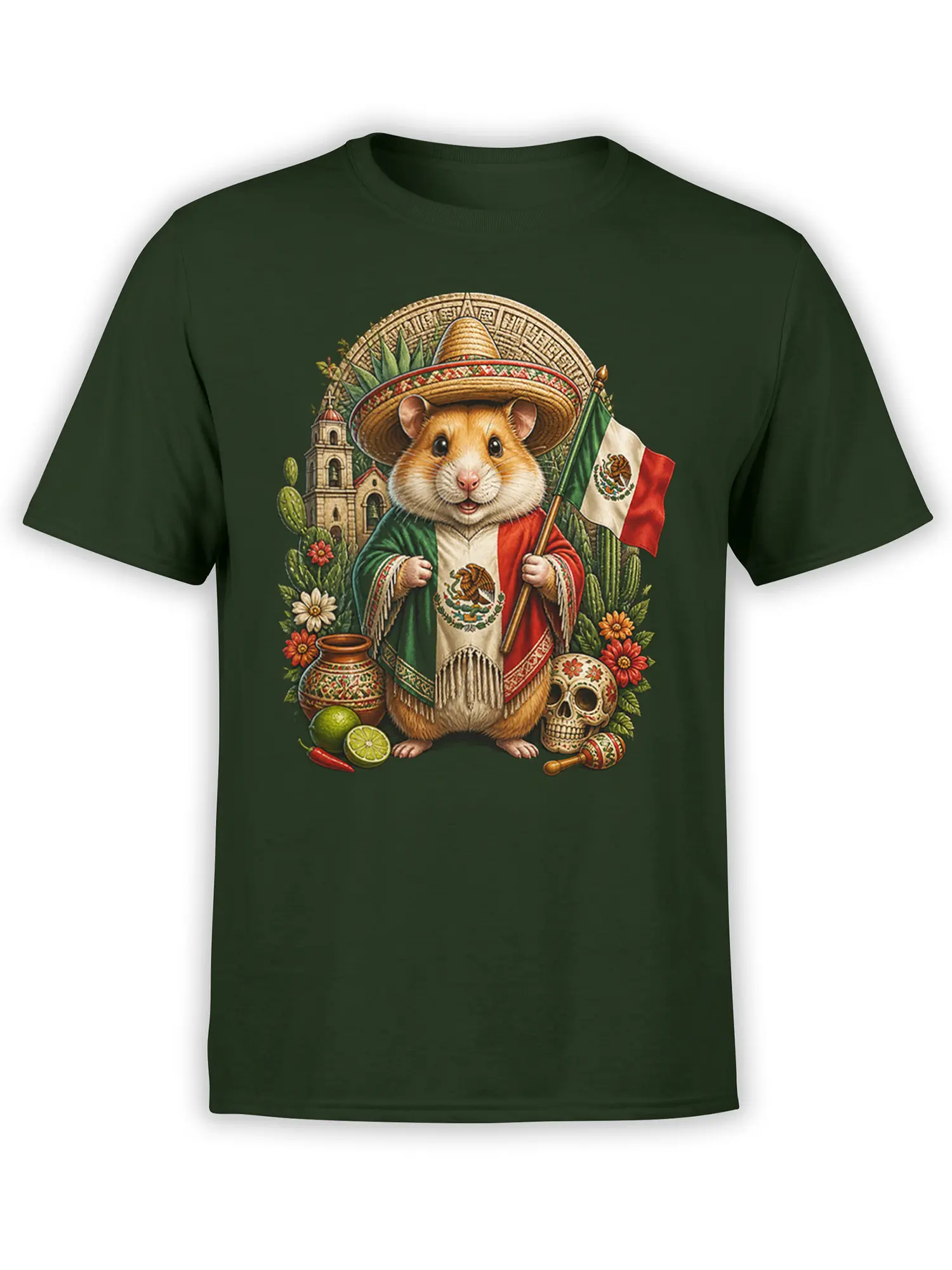 Green T-shirt with a cheerful hamster in a sombrero, Mexican flag, cactus, flowers, and sugar skull artwork