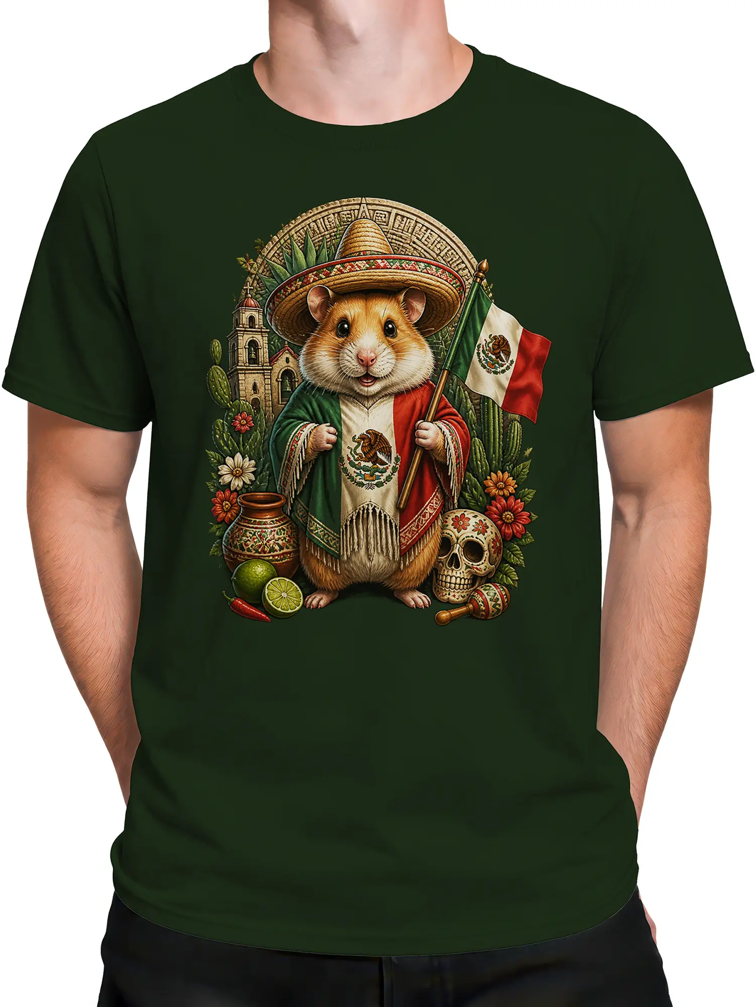 Male torso wearing a green T-shirt with a sombrero hamster and Mexican-inspired graphic artwork