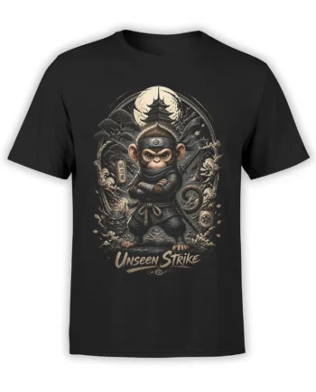 Black T-shirt with a fierce ninja monkey, moonlit pagoda scene, sword, waves, and Unseen Strike text