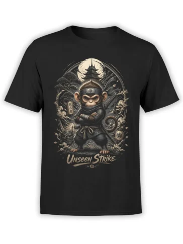 Black T-shirt with a fierce ninja monkey, moonlit pagoda scene, sword, waves, and Unseen Strike text