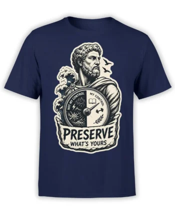 Classical bearded figure and self-control compass graphic on a navy philosophy T-shirt