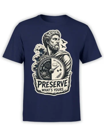 Classical bearded figure and self-control compass graphic on a navy philosophy T-shirt