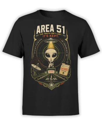 Black alien T-shirt with Area 51 lettering, flying saucer, top-secret file, satellite dish, and retro road graphic