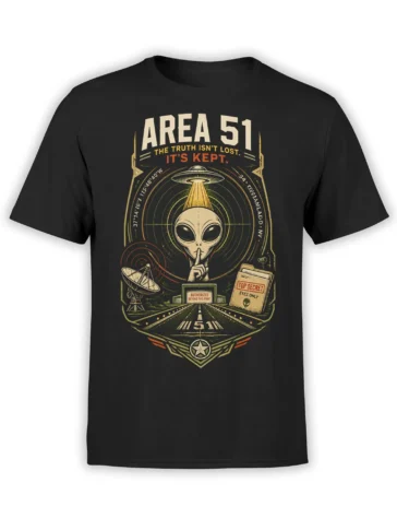 Black alien T-shirt with Area 51 lettering, flying saucer, top-secret file, satellite dish, and retro road graphic