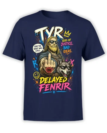 TYR warrior and grinning wolf graphic with neon lettering and paint splashes on a navy T-shirt