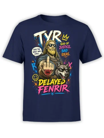 TYR warrior and grinning wolf graphic with neon lettering and paint splashes on a navy T-shirt