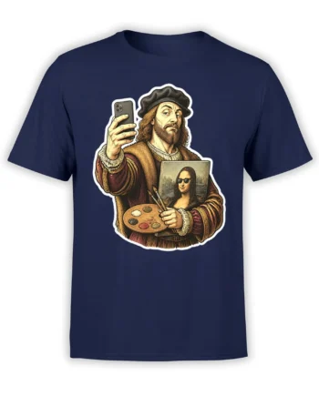 Vintage artist taking a selfie beside a sunglasses portrait, palette, and paintbrushes on a navy T-shirt
