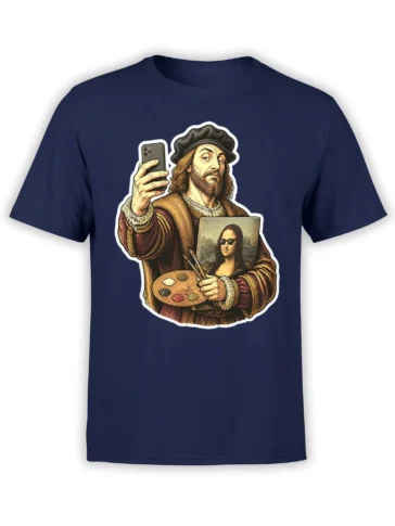 Vintage artist taking a selfie beside a sunglasses portrait, palette, and paintbrushes on a navy T-shirt