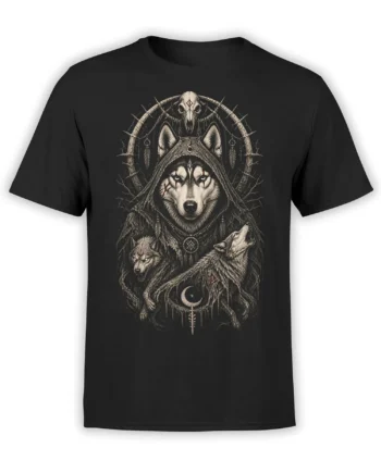 Hooded wolf pack graphic with a crescent moon and rune-style symbols on a black T-shirt