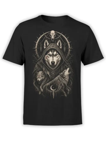 Hooded wolf pack graphic with a crescent moon and rune-style symbols on a black T-shirt