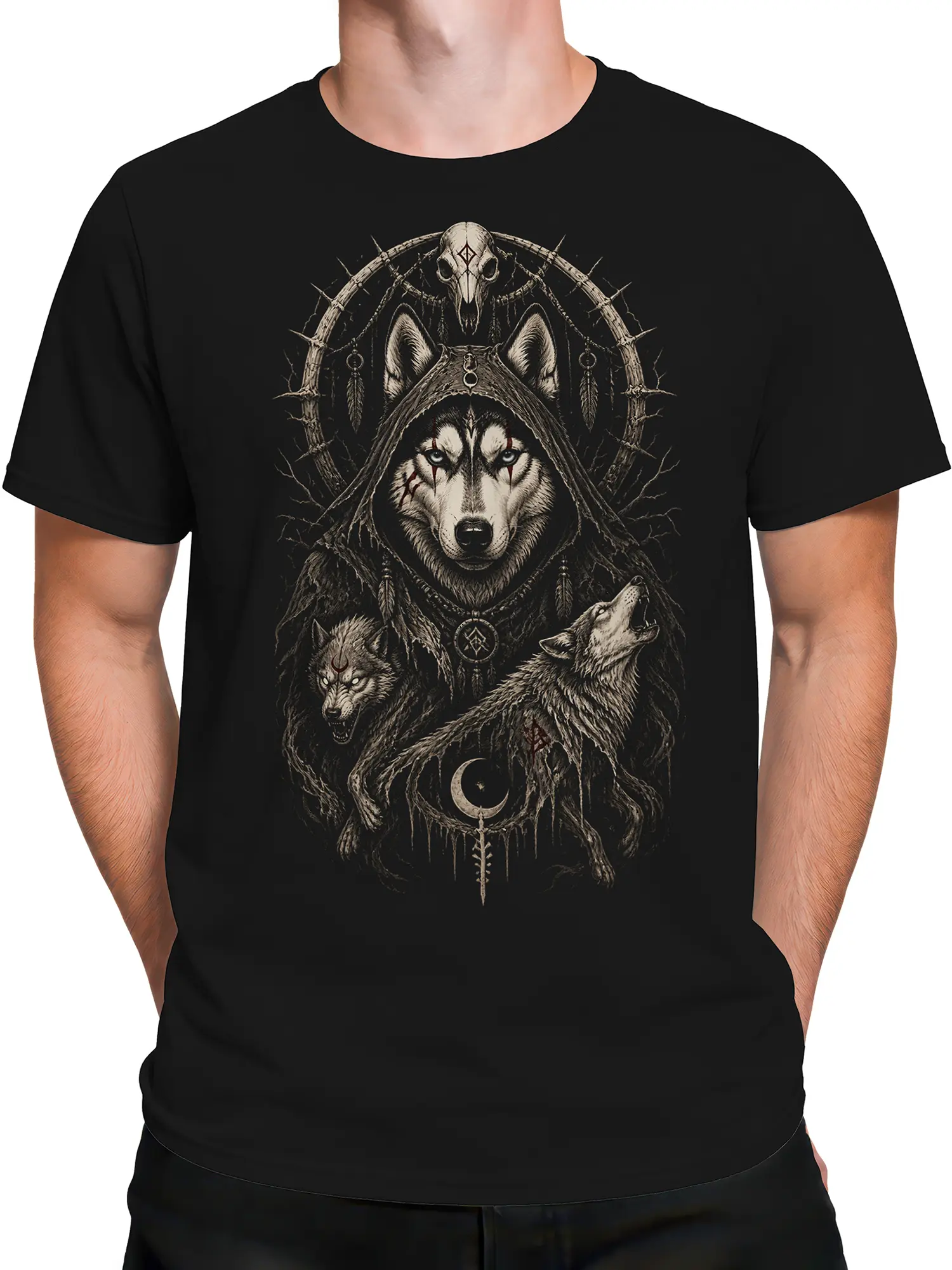Male torso wearing a black T-shirt with detailed hooded wolf and mystical pack artwork