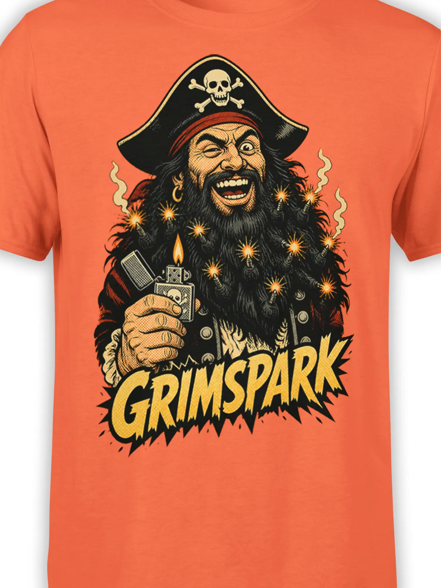 Close-up of the pirate captain, skull hat, lighter, sparks, and GRIMSPARK artwork on an orange t-shirt