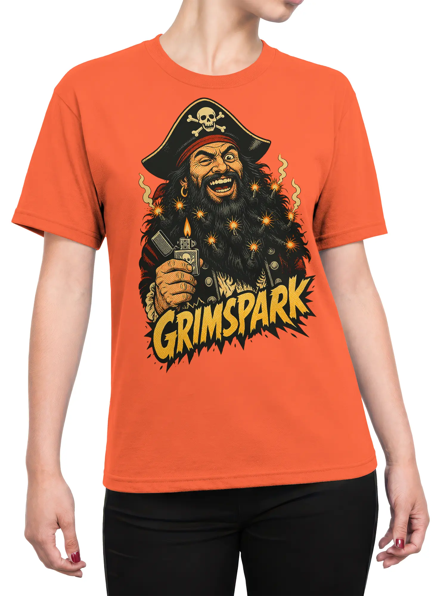 Female torso wearing an orange pirate graphic tee with the GRIMSPARK captain and bright sparks across the front