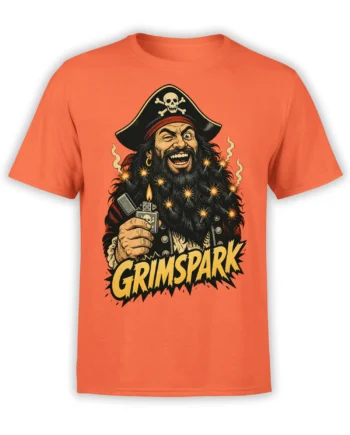 Orange pirate t-shirt with a grinning bearded captain, skull hat, bright sparks, smoke, and GRIMSPARK lettering