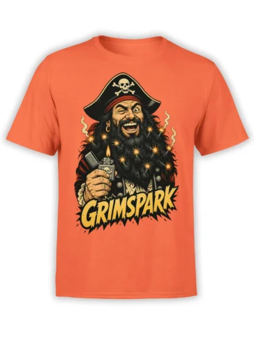 Orange pirate t-shirt with a grinning bearded captain, skull hat, bright sparks, smoke, and GRIMSPARK lettering