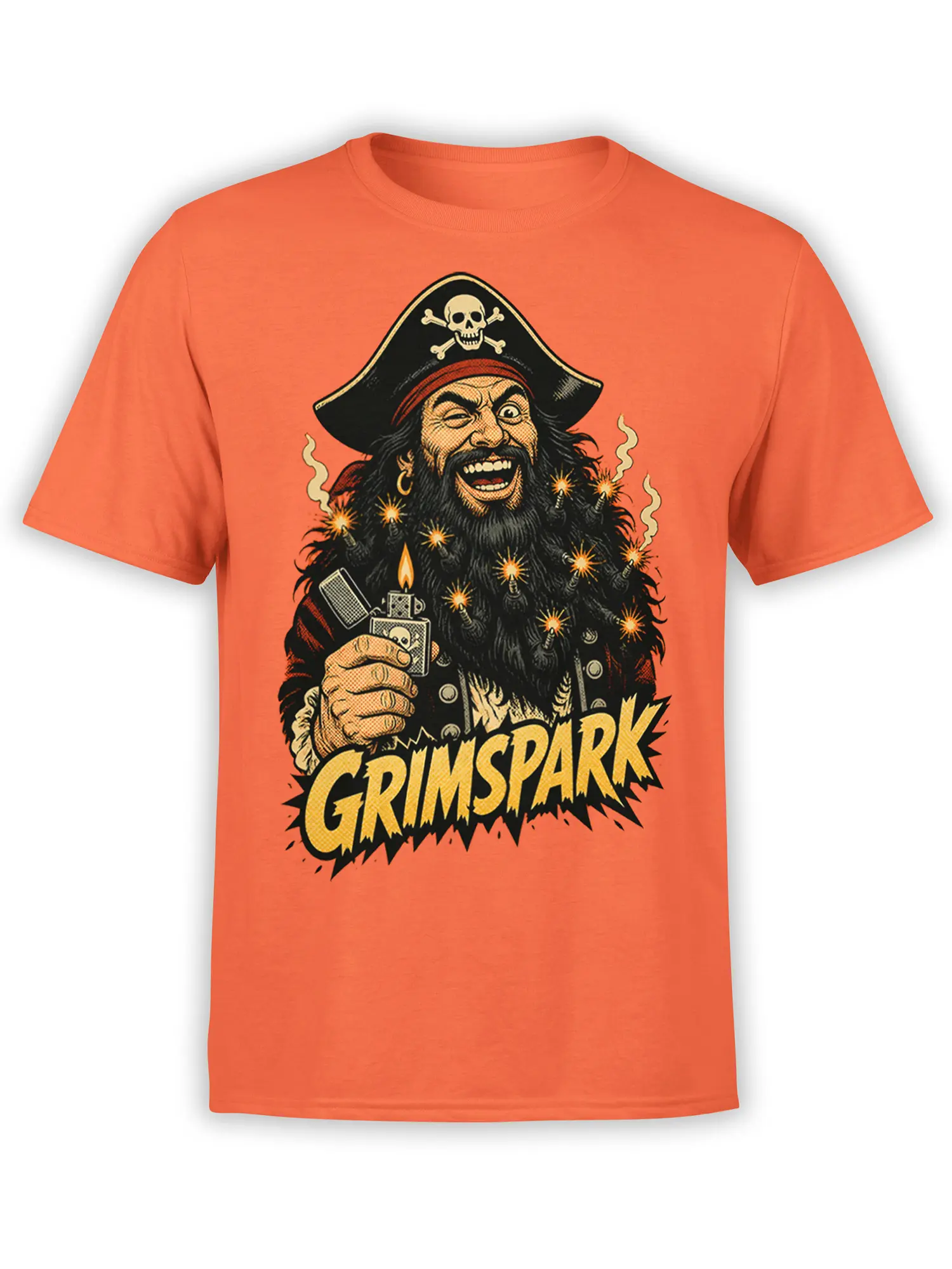Orange pirate t-shirt with a grinning bearded captain, skull hat, bright sparks, smoke, and GRIMSPARK lettering