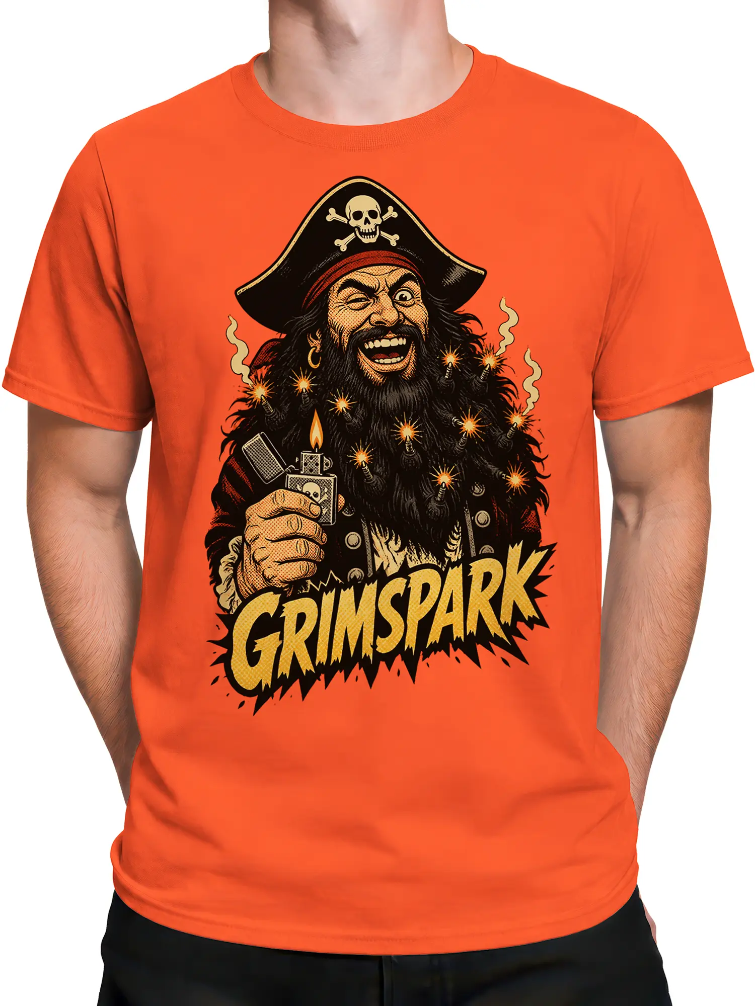 Male torso wearing an orange pirate t-shirt with a bearded captain, skull hat, sparks, and GRIMSPARK lettering