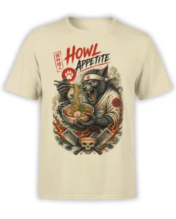 Beige T-shirt featuring a fierce black wolf chef serving ramen with chopsticks and flames
