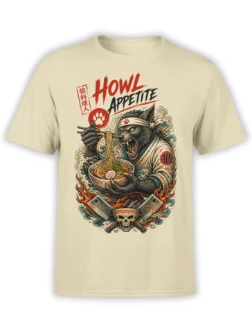 Beige T-shirt featuring a fierce black wolf chef serving ramen with chopsticks and flames