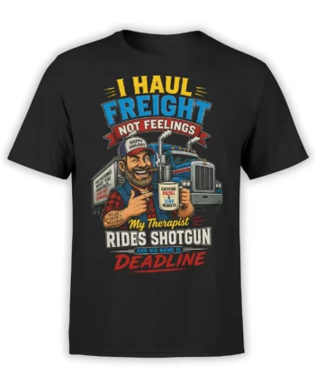 Black T-shirt with a vintage truck driver, blue semi truck, caffeine mug, and colorful freight humor lettering