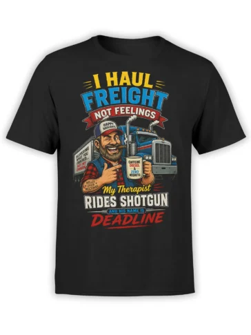Black T-shirt with a vintage truck driver, blue semi truck, caffeine mug, and colorful freight humor lettering